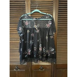 WILLOW Young Contemporary Black Floral Print Mesh Top (Size 3X)